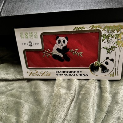Pure Silk SHEN Embroidered Shanghai China 100% Silk Handkerchief Panda Vintage