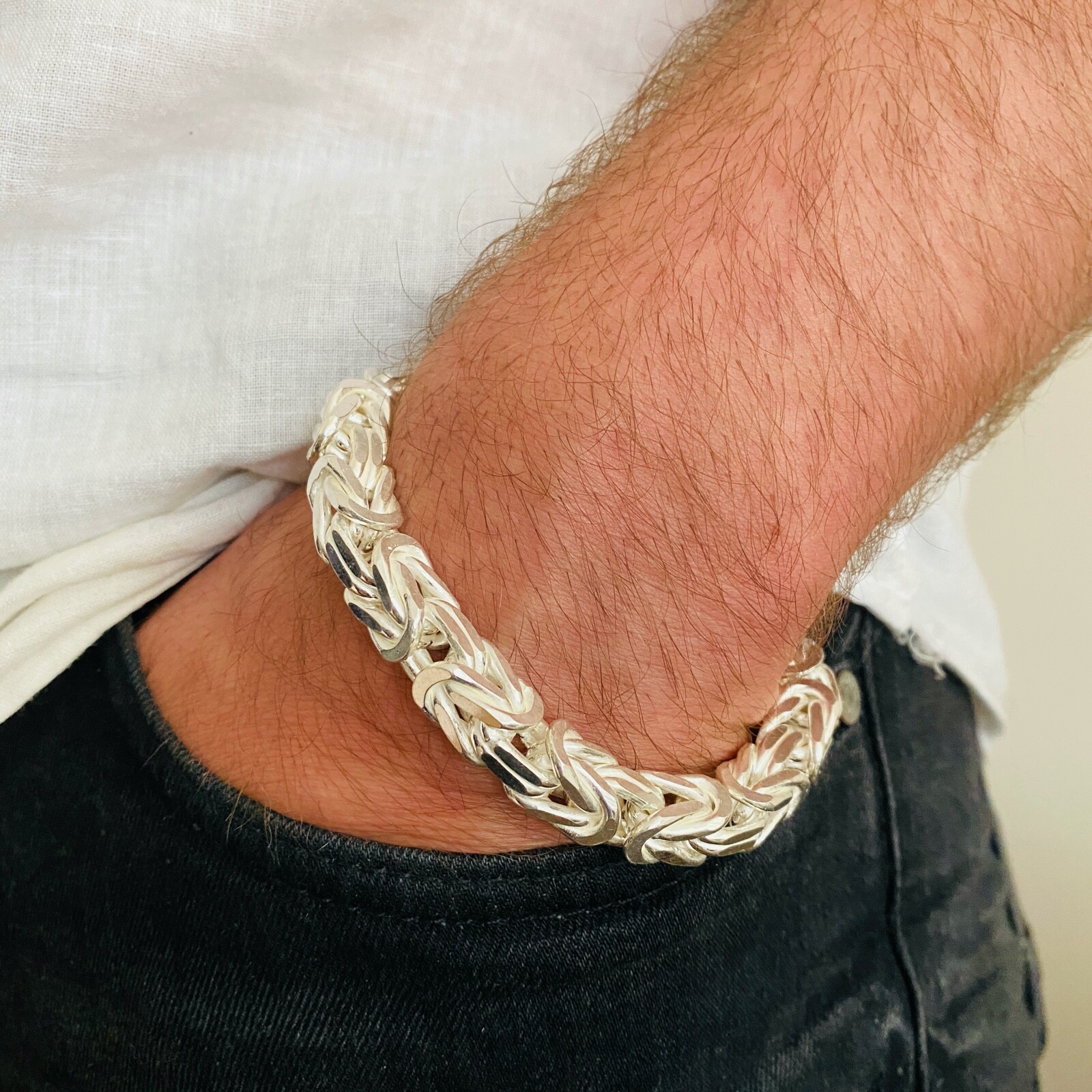 Pre-owned Handmade Mens Kings Byzantine Chain Bracelet 925 Sterling Silver 10mm 130gr 9.84inch
