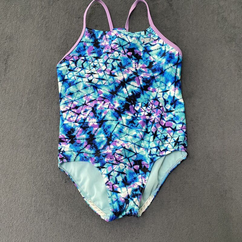 Speedo Youth Girls 1 Piece Swimsuit Medium 10 Purple Blue Tie Dye Bathing Suit