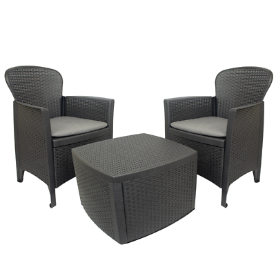 3 Piece Rattan Effect Garden Furniture Set Plastic Anthracite Table Armchairs