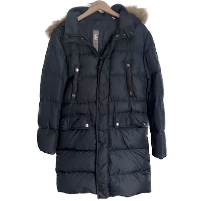 ADD Down Parka Jacket Fur Trim Hood in Navy Blue