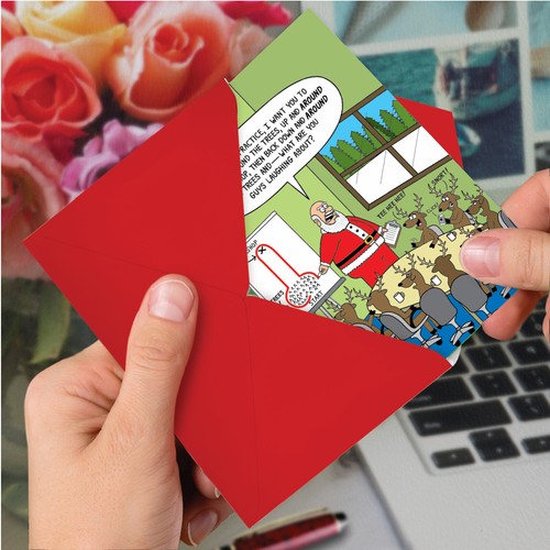 1 Funny Christmas Card with Envelope - Reindeer Around the Tree 1627