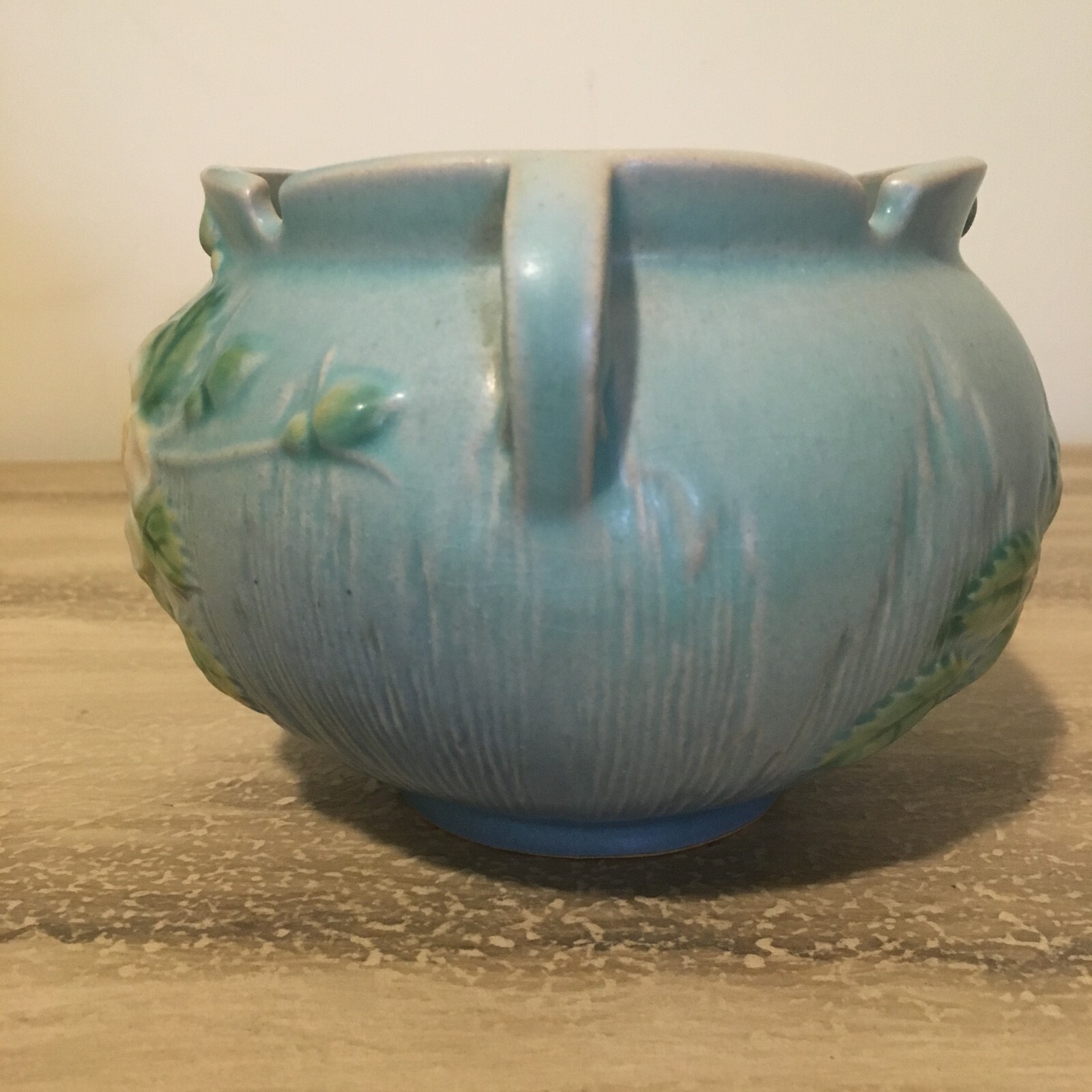 Vintage Roseville Art Pottery White Rose Jardiniere  Blue Green White  653-4