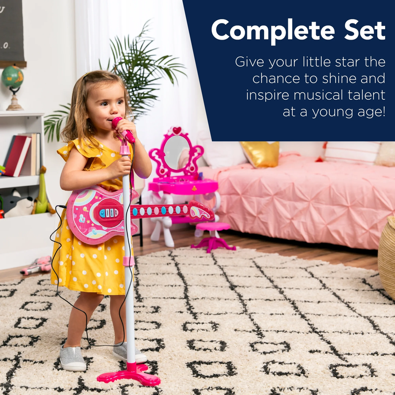 19-Inch Kids Flash Guitar with Microphone and Stand - Pink Musical Toy