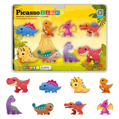 PicassoTiles 8pc Magnet Tiles Building Blocks 8 Dinosaur Action Figures