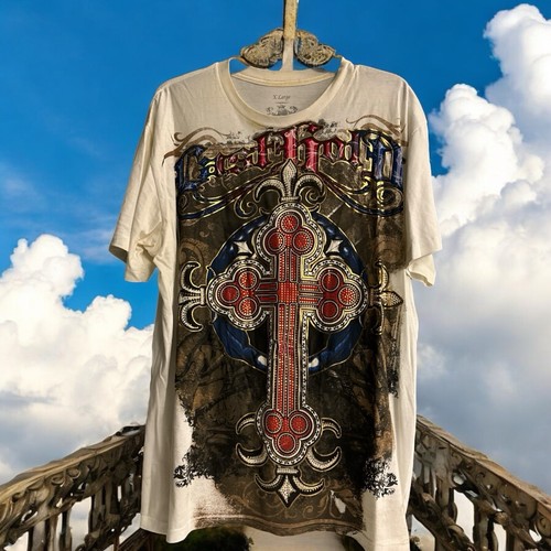 Last Hold Men's Graphic White T-shirt With Gold Textured Cross Size XL Y2K Style Last Hold Men's Graphic White T-shirt With Gold Textured Cross Size XL Y2K Style