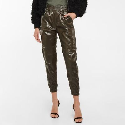 RTA Jinni High-Rise Coated Glossy Cargo Jogger Pants Olive Japanese Fabric M