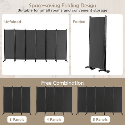 6-Panel Folding Room Divider 6FT Rolling Privacy Screen w/ Lockable Wheels Grey