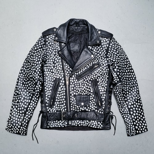 Vtg 80s Designer Black Leather Motorcycle Biker Jacket Polka