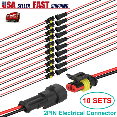 10-Pair Waterproof 12V 2-pin Electrical Wire Connector Plug Cable Boat Car truck