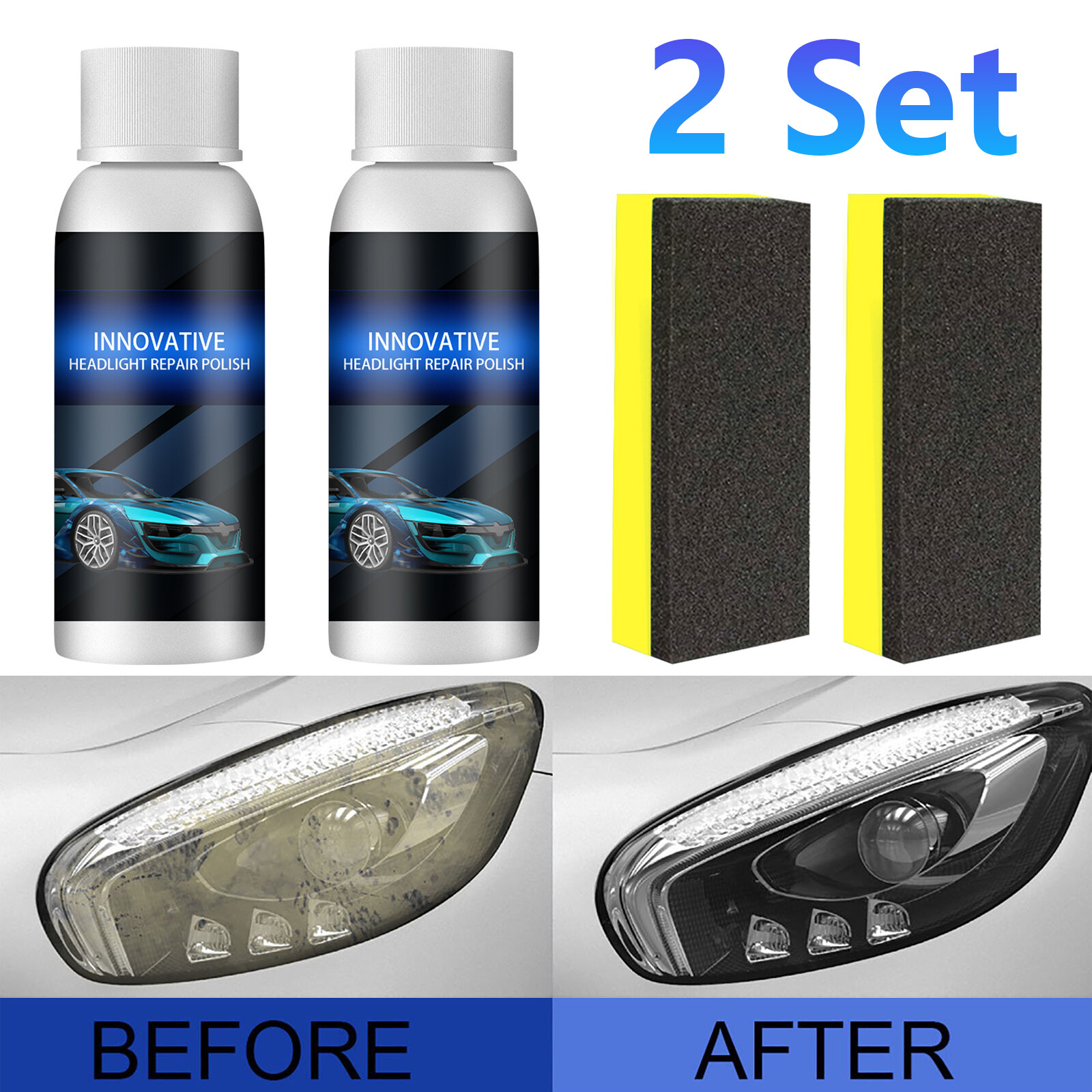 2 Set Car Headlight Restoration Fluid Repair Kit Plastic Light Polish Cleaner
