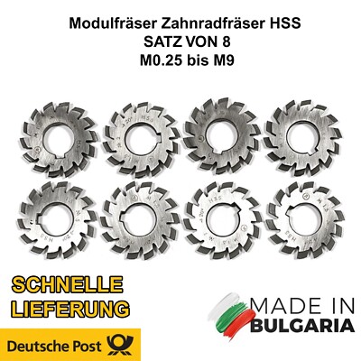Modulfräser HSS Satz von 8 M0,25 bis M9 20° Walzenfräser Zahnradfräser