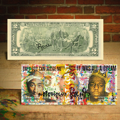 TUPAC SHAKUR & BIGGIE SMALLS Genuine $2 US Bill Hip Hop Art HAND-SIGNED by Rency