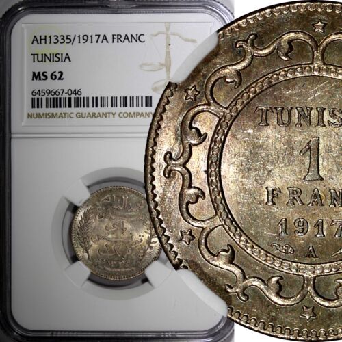 Tunisia Muhammad V Silver AH1335 (1917) A 1 Franc NGC MS62 Toning KM# 238 (6)