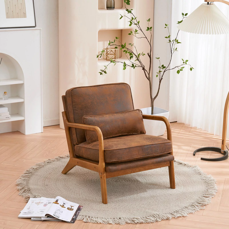 Modern Wood Club Chair Bronzing Cloth Fabric Upholstered Reading Accent Chair wi