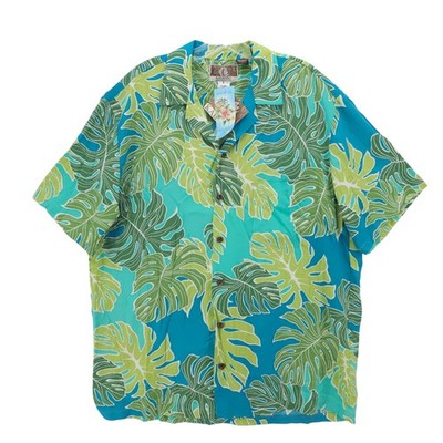 NWT KALAHEO Hawaiian Short Sleeve Shirt Leaf Print Green Teal Blue Rayon LARGE