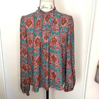 Joie Paisley Print Pleated Ruffled Boho Chic Blouse