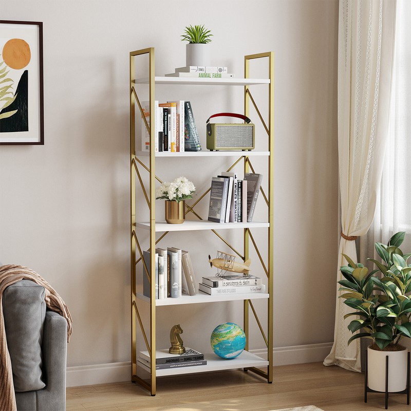 5-Tier Modern Bookshelf Bookcase Open Display Storage Rack Holder Shelving Gold