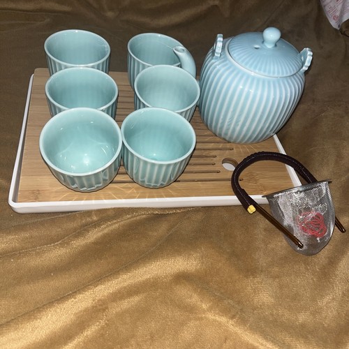 White Porcelain With 1 Teapot 6 Tea Cups 1 Wooden Tray