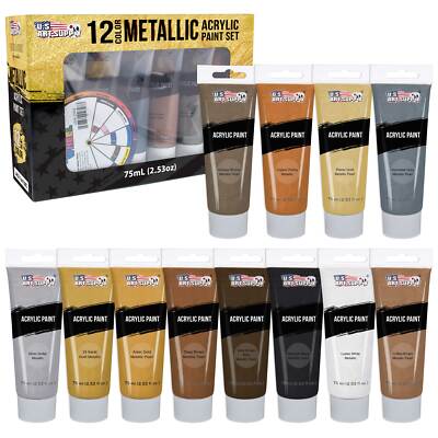 12 Color Set of Metallic Acrylic Paint, 75ml Tubes, Pearl, Artists, Canvas, Wood