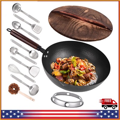 Chinese Wok Pan with Lid and Wooden Handle Carbon Steel Frying Stir Fry Set 10Pc