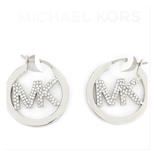 MICHAEL KORS Silver Tone Brass Pave Logo Hoop Earrings