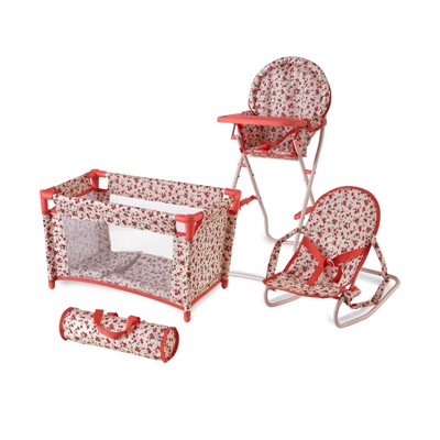 Floral Baby Doll Accessories Set - 3-1 Furniture with Crib, 