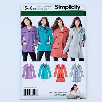 Misses Jacket Sewing Pattern Uncut Simplicity 1540 Sizes 14-22 Collar Variations