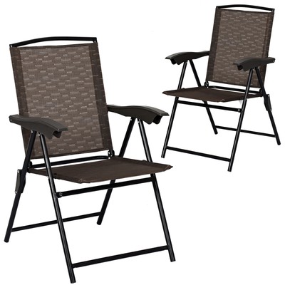 Topbuy Set of 2 Folding Sling Chairs Steel Armrest Patio Garden Pool Adjustable