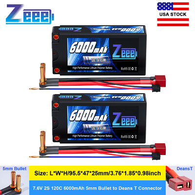 Zeee Shorty 2S Lipo Battery 6000mAh 7.6V 120C 5mm Bullet Deans for RC Car Truck