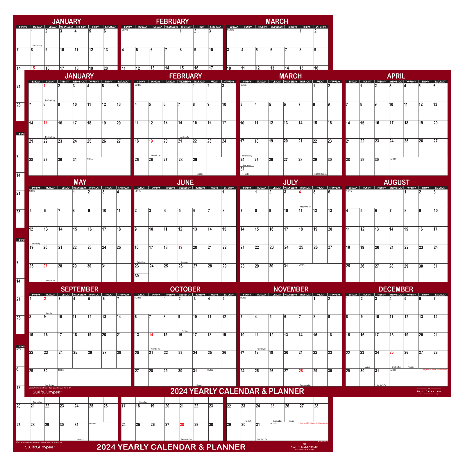 32" x 48" SwiftGlimpse 2024 Wall Calendar Erasable Yearly Wall Planner - Maroon
