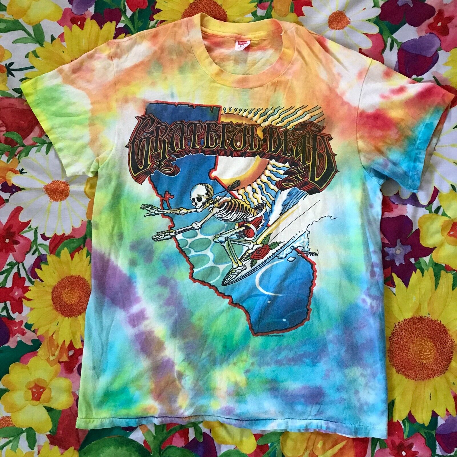 Vintage 80s 1986 Grateful Dead Tie Dye T-Shirt Skeleton Rick Griffin Surf Art L Vintage 80s 1986 Grateful Dead Tie Dye T-Shirt Skeleton Rick Griffin Surf Art L