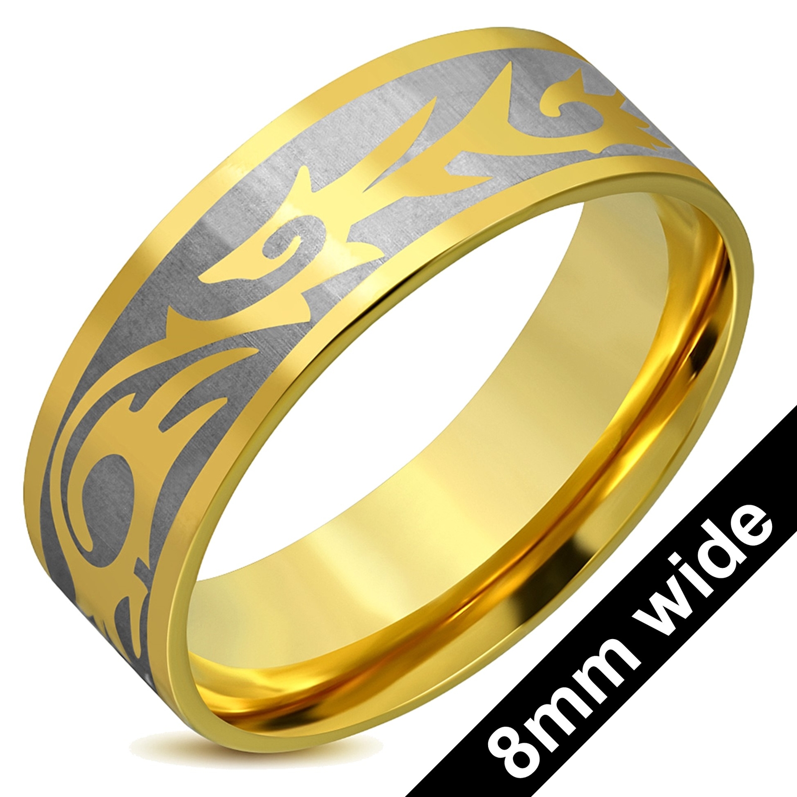 8mm 2-tone Tribal Design Stainless Steel Ring Size Y *  Wedding Band, Thumb Ring