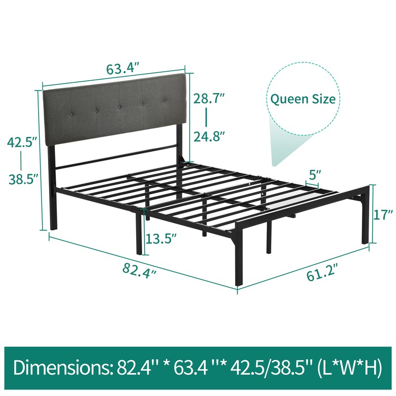 TAUS Full/Queen Size Metal Bed Frame Mattress Foundation Upholstered Headboard
