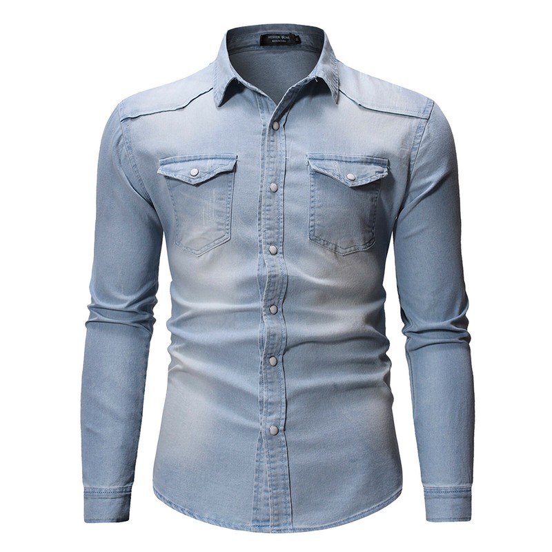 Men Denim Shirt Long Sleeve Slim Fit Cotton Casual Mens Jeans Tops Shirts Blouse