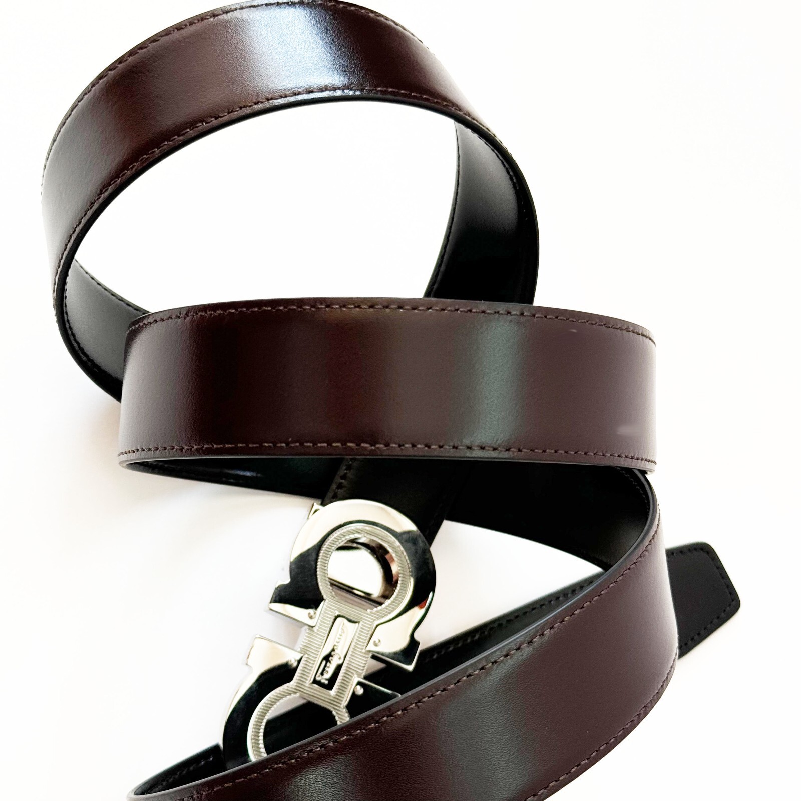 Pre-owned Ferragamo Genuine Men's 42 40 38 36 Black Brown Reversible Belt Gancini Buckle