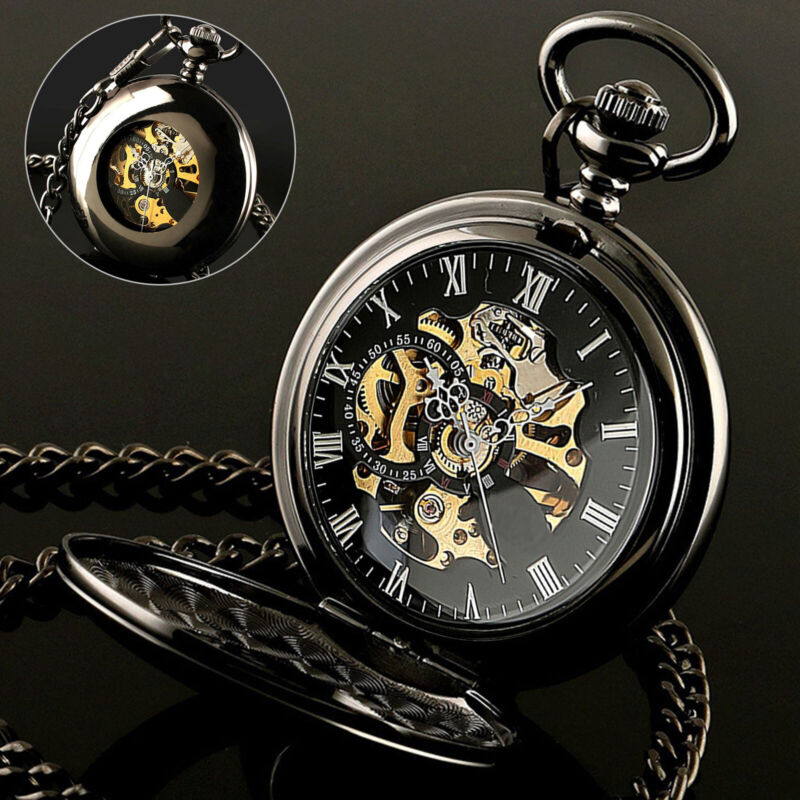 Mens Pocket Watch Mechanical Black Dial Skeleton Retro Chain Automatic Luxury US