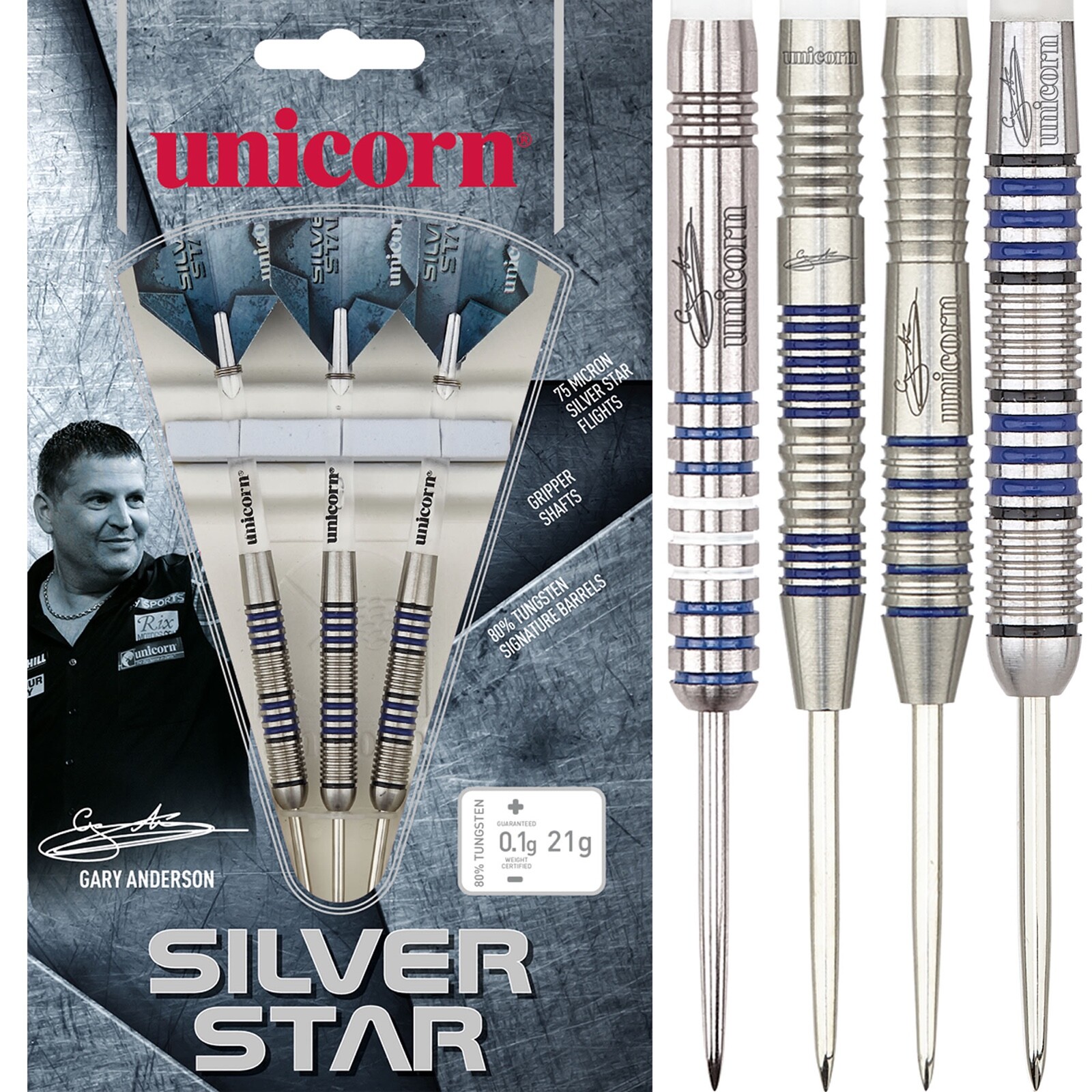 Unicorn Gary Anderson Silver Star Darts 20g 21g 22g 23g 24g