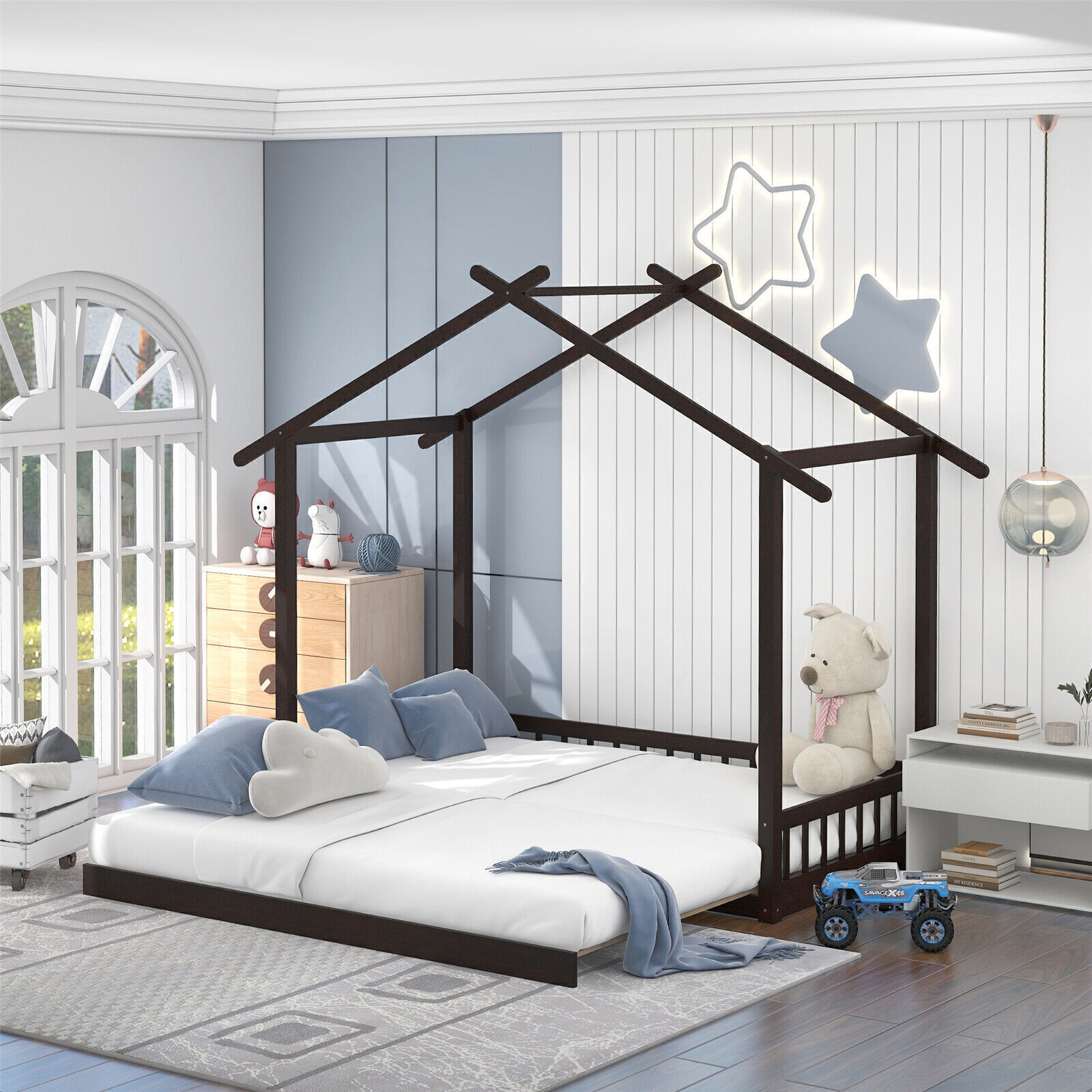 Espresso Twin to King Size Extendable House Bed Daybed Platform Wooden Bed Frame
