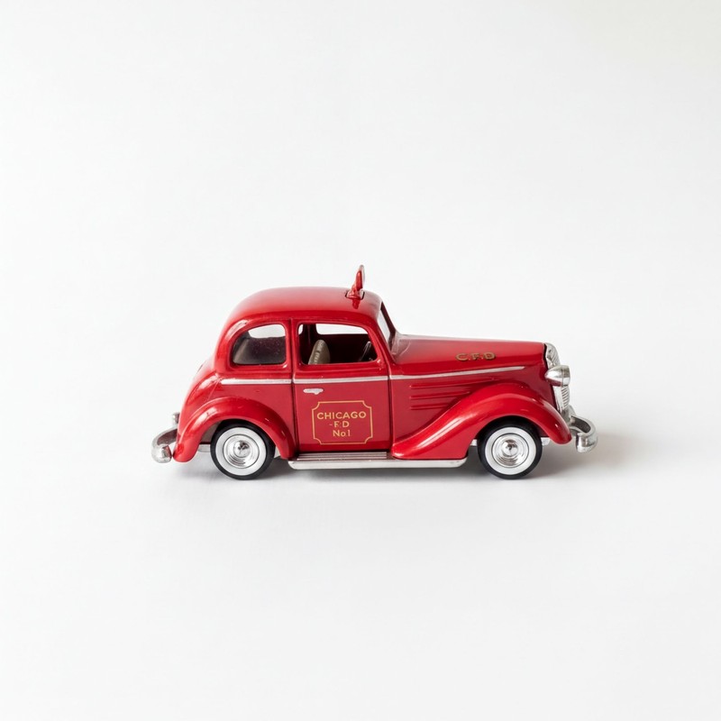 Vintage Fire Dept Sedan Diecast Red Toy Car Chicago FD Rolling Wheels