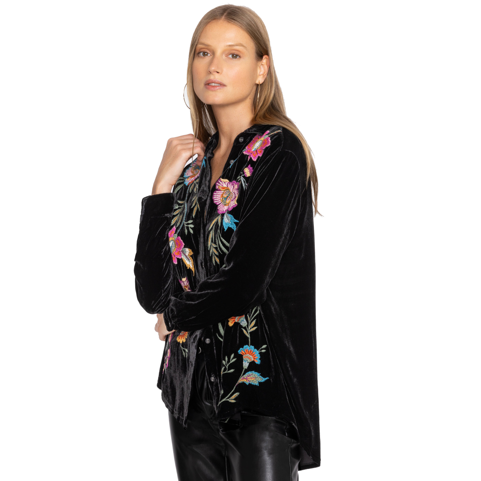 Pre-owned Johnny Was Sidonia Velvet Oversized Shirt Long Sleeve Embroidery Top Black