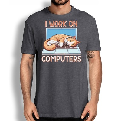 I Work on Computers Funny Coding Cat T-shirt - Cute Programmer Tee