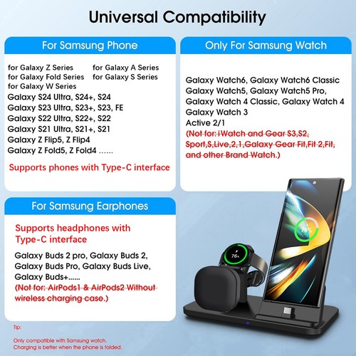 3In1 USB-C Charger Stand Charging Dock Station For Samsung Galaxy S24 Watch 7 6