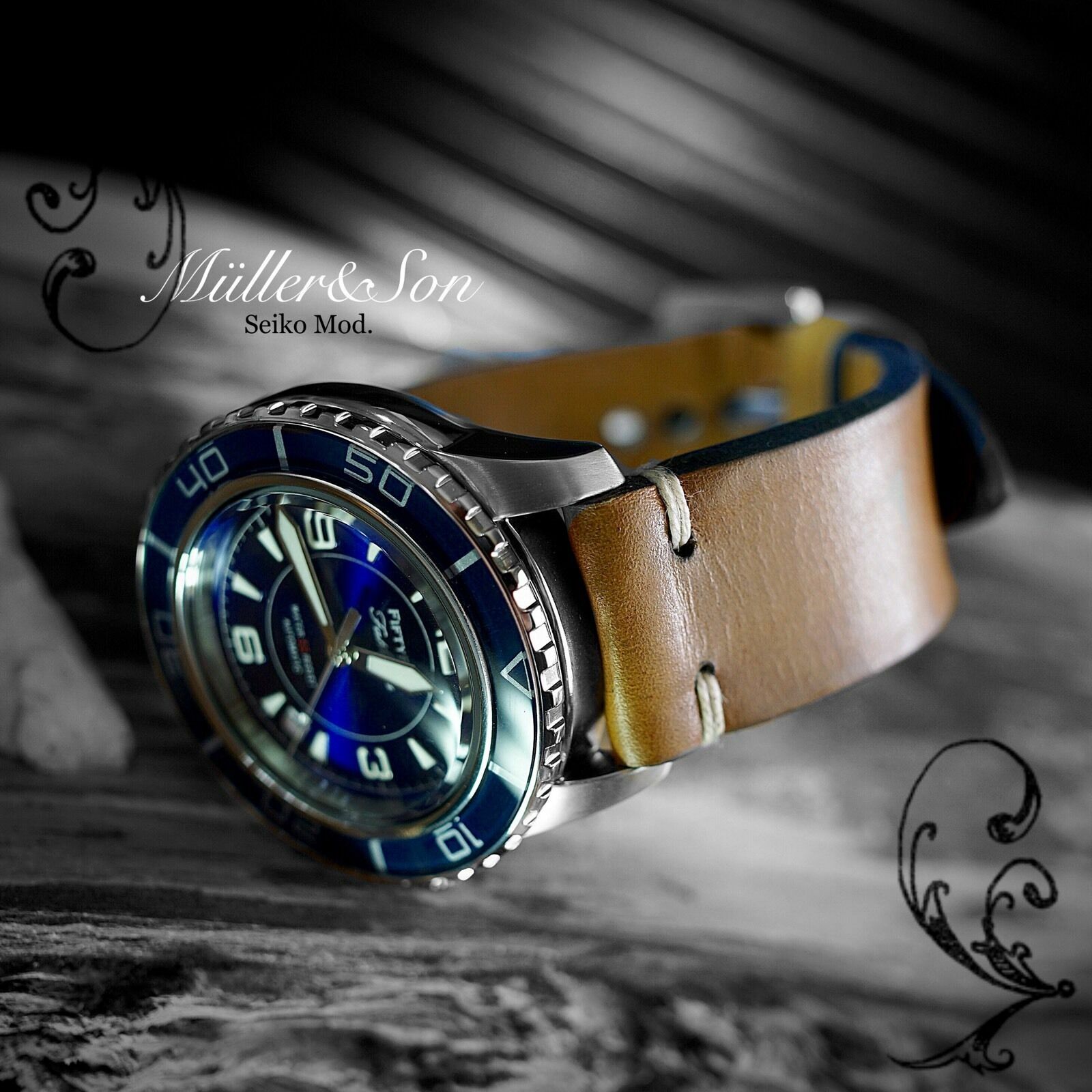 Pre-owned Müller&son Watch "blue Mod 1" From Seiko Snzh Fifty Five Fathoms + Horween Strap