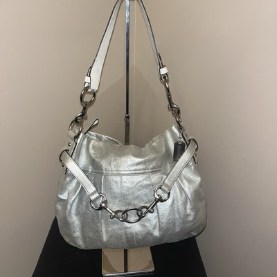COACH Shimmer Metallic Silver Soft Pleated Goat Suede Belted Hobo Shoulder Bag