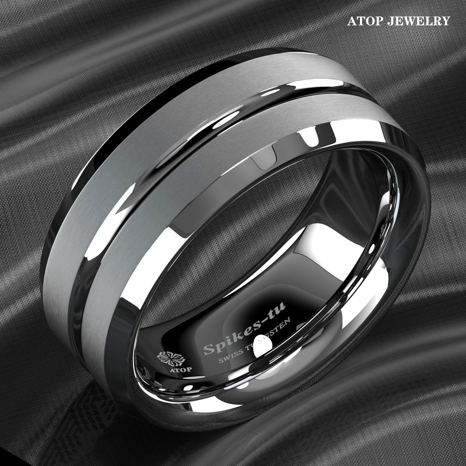 8mm Siver  Tungsten Men Channel Stripe Center Comfort Fit ATOP Wedding Band Ring
