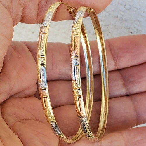 Pre-owned Rosegold Big Real 14k Yellow White Rose Gold Round Greek Key Hoop Earrings 2.25 Inch Long