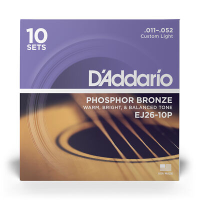 D'addario 10 Sets EJ26 Custom Light Acoustic Strings Phosphor Bronze 11-52 pack