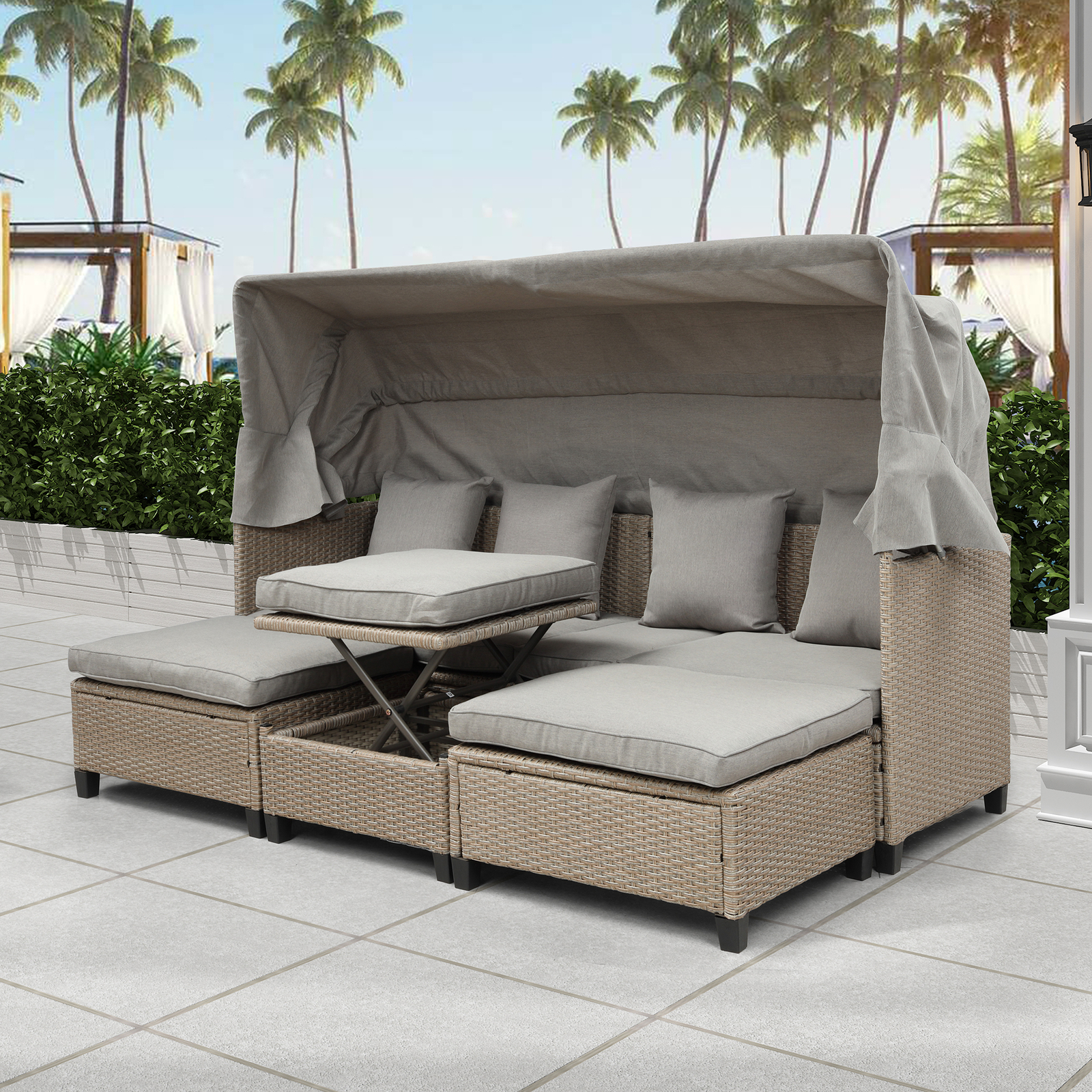 4 Piece Outdoor Garden Daybed Patio Sofa Bed Set W/Canopy Lifting Table Brown US