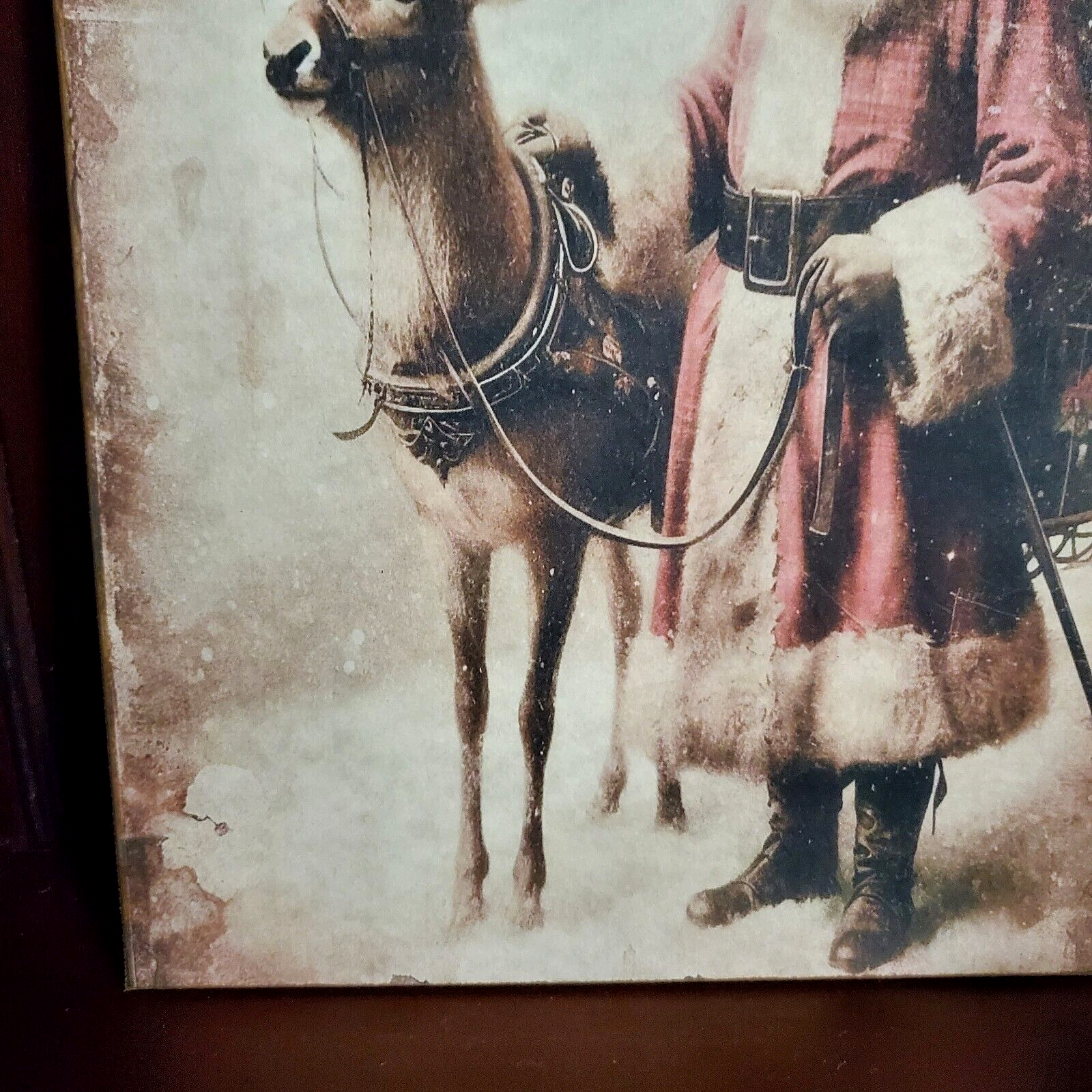 STUNNING SHABBY VINTAGE PRIMITIVE VICTORIAN FOLK STYLE CHRISTMAS SANTA DEER SIGN
